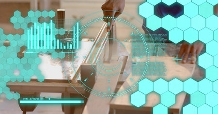 Guiding two hands moving track saw guide rail over wooden plank on workbench, with digital overlay. Collaboration, craftsmanship, technology, innovation, industrial, workspace, precisionの写真素材