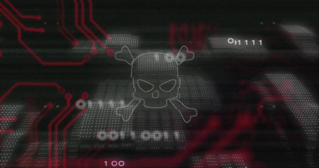 Glowing skull crossbones hovering over dotted grid, displaying red PCB traces, binary, scanlines. Matrix, glitch, neon, cyber, digital, holographic, darkの写真素材