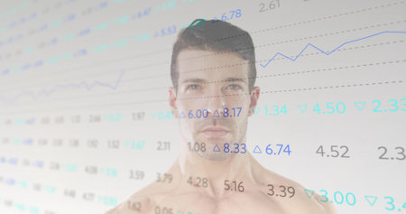 Showing shirtless man modeling in studio, displaying line charts with data floating over axes. Financial, analytics, data, visualization, trend, market, performanceの写真素材