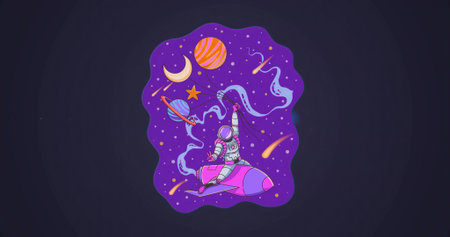 Soaring astronaut navigating purple nebula, with pink rocket, stream, ringed planet, shooting stars....