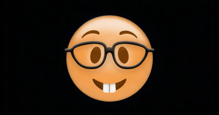 Blink initiating when emoji opening eyes emitting grin while lens flares shifting behind for depth. Digital, illustration, modern, abstract, headshot, vibrant, expressiveの写真素材