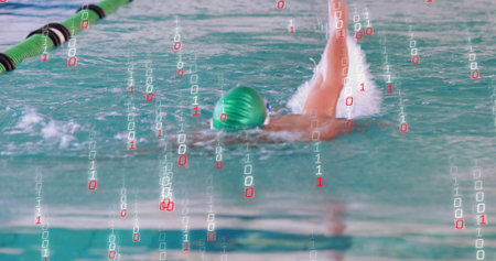 Swimmer wearing green swim cap executing front crawl in lane, with divider rope and binary overlay. Athlete, aquatic, exercise, motion, elegance, vitality, dynamicsの写真素材