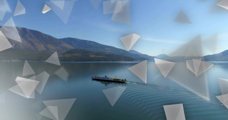 Gliding cargo barge leaving gentle wake on calm mountain lake, with translucent triangular overlays....