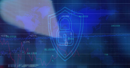Displaying blue shield holding padlock icon in interface with world map overlay, percentage values....