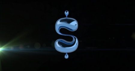 Floating reflective S-shaped form in black void, featuring green lens flare and light streaks. Abstract, futuristic, minimalism, technology, sci-fi, illumination, digitalの写真素材