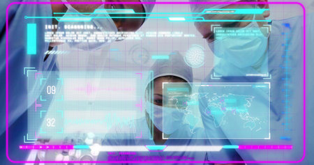 Leaning surgical team in scrubs analyzing holographic data in surgery room, with world map overlay. Medical, futuristic, technology, innovation, collaboration, healthcare, digitalの写真素材