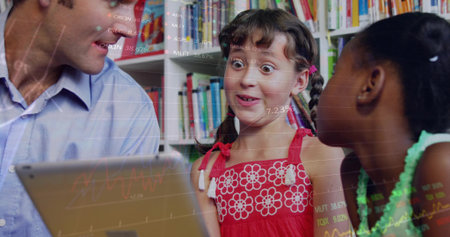 Pointing teacher in blue shirt guiding students in library near books, tablet and chart overlay....