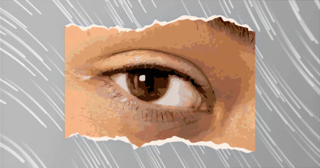 Showing torn paper fragment displaying close-up brown eye on grey field, with white streaks. Macro, abstract, emotive, psychological, cinematic, minimalistic, texturedの写真素材