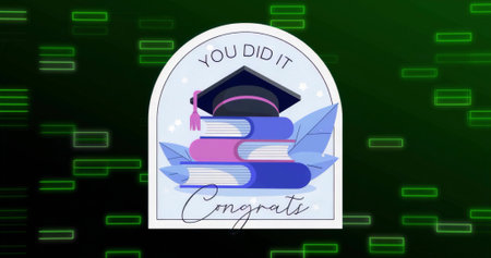 Featuring arched frame highlighting YOU DID IT on dark background, with graduation cap and books. Celebration, achievement, success, inspiration, recognition, digital art, modernの写真素材