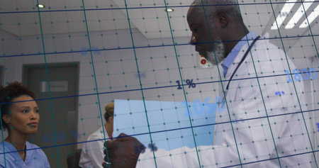 Handing over blue patient file white coat doctor consulting in clinic with data grid, copy space. Medical, consultation, healthcare, digital, professionalism, collaboration, clinicalの写真素材