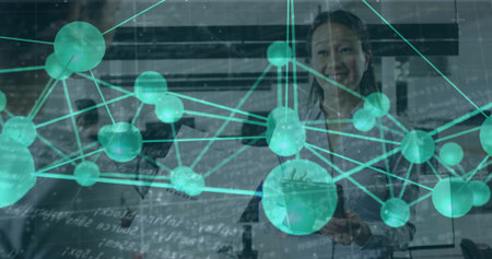 Presenting woman in blazer marking whiteboard in meeting room with network node overlay, copy space....