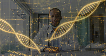 Analyzing scientist wearing white lab coat interacting with holographic DNA data grid in lab office. Research, innovation, technology, futuristic, precision, education, scientificの写真素材
