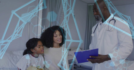 Consulting doctor comforting mother, child holding teddy bear in ward, with IV stand, DNA overlay. Healthcare, compassion, patient care, family support, medical environment, emotional wellbeingの写真素材