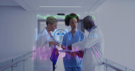 Doctors and nurse analyzing holographic vitals display in hospital corridor, with purple clipboard. Medical, healthcare, technology, innovation, collaboration, clinical, diagnosticの写真素材