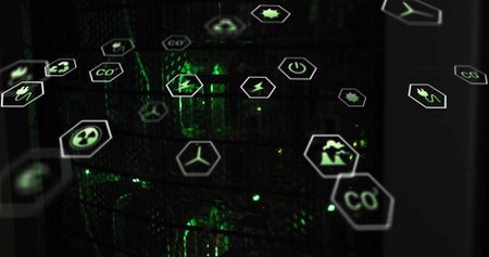Floating hex icons showing eco symbols overlaying data center mesh rack, with green LEDs glowing....