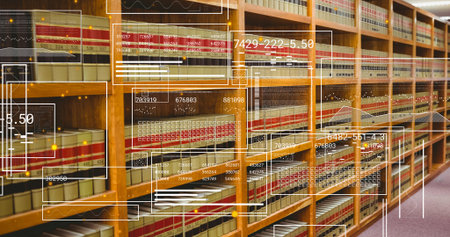 Displaying wooden bookshelf filled with bound volumes at library, with digital interface graphics....