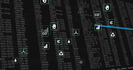 Displaying network of floating CO2, euro, recycling icons in virtual dashboard with blue lines. Futuristic, digital, infographic, data visualization, analytic, tech-driven, virtual interfaceの写真素材