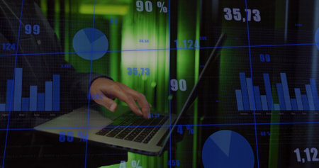 Typing Korean hand operating laptop in green-lit setup with bar and pie charts, % values, gridlines....