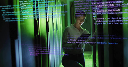 IT specialist in light shirt checking smartphone between server racks, with floating code overlay....