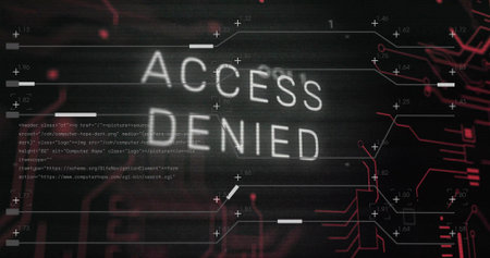 Flashing ACCESS DENIED text on screen, with HTML code, plus markers, scan lines and red circuitry. Cybersecurity, digital, technology, alert, hazard, encryption, networkの写真素材