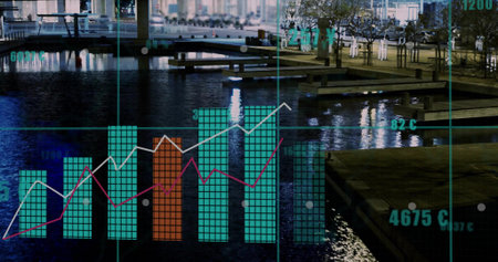 Displaying overlay showing bar and line graphs over nighttime plaza near reflecting pool, boardwalk....