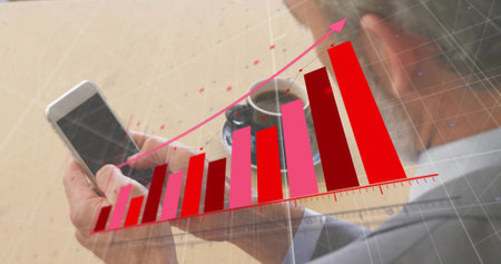 Suited professional analyzing grid 3D bar chart on smartphone at office table with coffee cup. Corporate, analytics, modern, business, financial, data, technologyの写真素材
