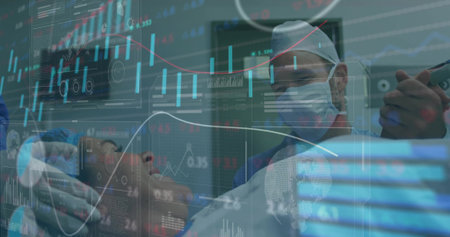 Surgeon in scrubs performing chest surgery in OR, with scalpel and data overlays, copy space. Medical, healthcare, technology, innovation, precision, teamwork, clinicalの写真素材