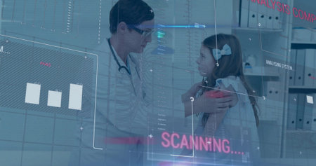 Doctor scanning patient's shoulder with holographic overlay in clinic, with stethoscope, binders. Medical, healthcare, technology, futurism, telemedicine, diagnostic, digitalの写真素材
