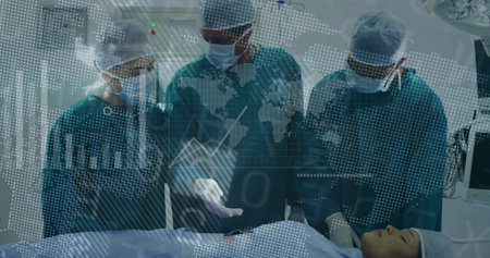 Surgical team in scrubs performing procedure in operating room, with surgical drapes, data overlay....