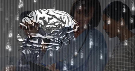 Consulting doctor wearing lab coat in exam room, with brain hologram and binary code streams. Neuroscience, innovation, digital healthcare, futuristic, technology, education, mentorshipの写真素材