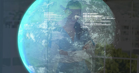 Analyst in business casual examining holographic Earth globe in office, with digital data overlays....