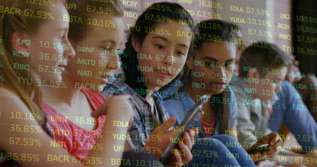 Holding smartphones, six students exchanging glances in school corridor, with ticker overlay....