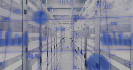 Streaming blue data visualizations hovering above server racks inside data center with floor tiles....