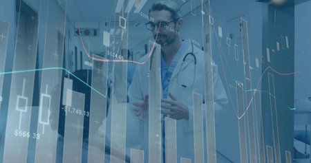 Standing doctor with stethoscope in lab coat, teal scrubs in hospital hall, digital charts overlay....