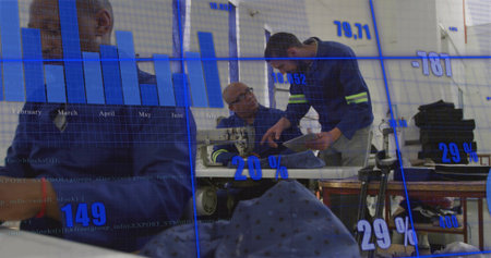 Collaborating three technicians in navy coveralls examining machine part at workshop, data overlay....