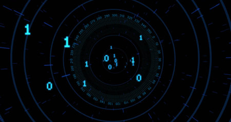 Displaying circular interface rotating rings with tick marks in space with floating cyan digits....