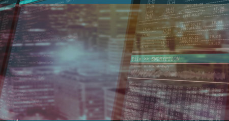 Displaying interface showing code, tables, hex grid, waveform, encryption label on computer screen....