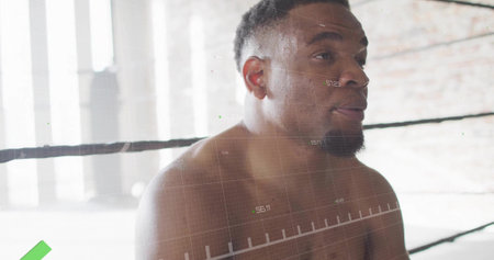 Shirtless African American athlete resting against ring ropes in gym with windows and data overlay. Athlete, fitness, strength, determination, modern, training, biomechanicsの写真素材