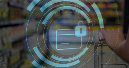 Navigating woman pushing metal cart in supermarket aisle, with padlock digital security interface. Retail, commerce, cybersecurity, technology, data protection, security, innovationの写真素材