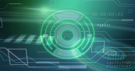 Displaying green circular interface with rings over grid in AR UI with panels, code and timecode....