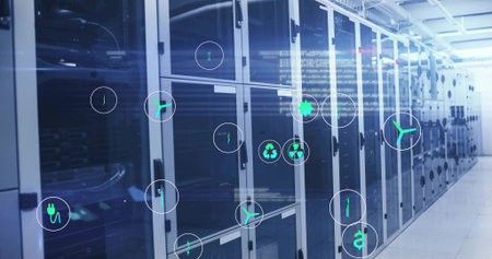 Displaying black server cabinets with cable trays at data center aisle, with floating energy icons....
