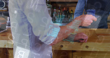 Handing barista wearing apron passing ceramic coffee cup at coffee shop counter, with data overlays....