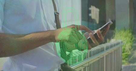 Man wearing suspenders holding smartphone near railing on balcony, fingerprint and lock overlay....