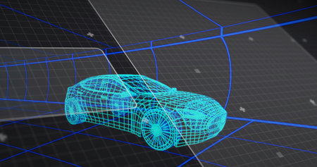 Displaying cyan wireframe sedan in 3D space, with 3D grid floor, curved walls, plus-shaped markers....