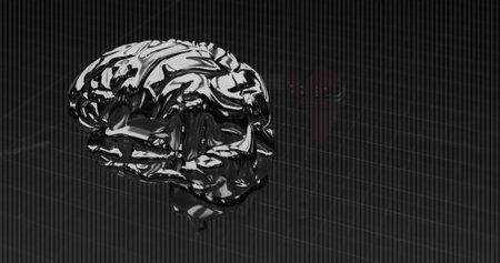 Floating liquid-metal brain sculpture reflecting light in 3D space, with grid plane and red accent. Futuristic, innovation, technology, abstract, sleek, digital, scienceの写真素材