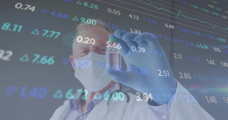 Masked gloved researcher in lab coat inspecting green capped vial in lab. Science, innovation,...