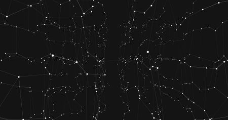 Glowing network graph illuminating dark digital space, with white nodes and thin lines. Futuristic, technology, connectivity, digital, abstract, innovative, cyberの写真素材