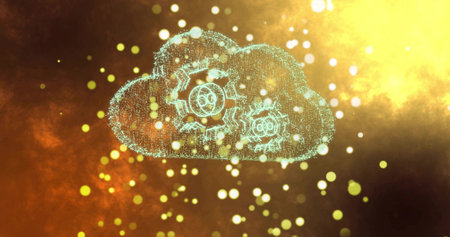 Hovering cloud icon forming cyan-blue particles in abstract space, with gear symbols and bokeh orbs. Futuristic, digital, abstract, technology, data, visualization, innovationの写真素材