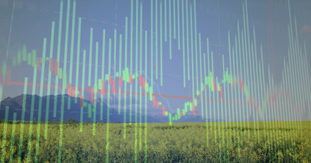 Chart overlay spanning rural field, with green bars, red, green candlesticks, red trend line....