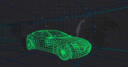 Cruising neon green wireframe car through virtual grid tunnel, with wireframe globe and data nodes. Futuristic, technology, cyberpunk, digital, innovation, transport, abstractの写真素材